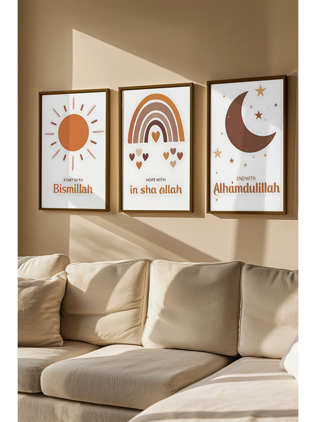 Beyaz 3 Parça Kahverengi Gerçek Ahşap Çerçeveli Tablo Seti - Model 21 - ERSY3KHVCRV21-3348