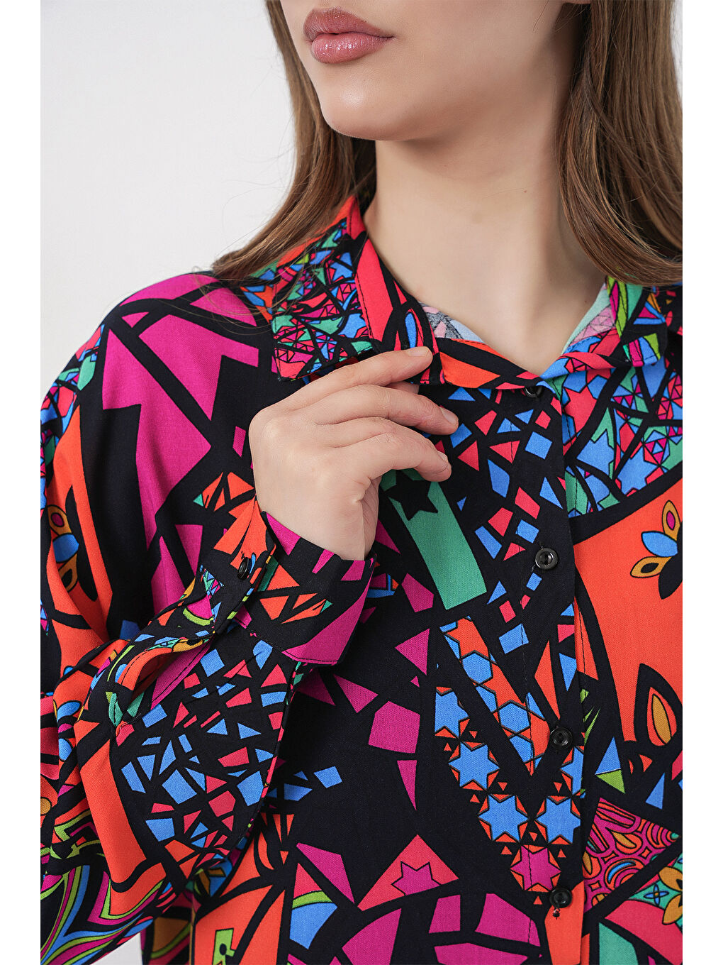 3721 Grafik Desenli Gömlek - Fuşya-5