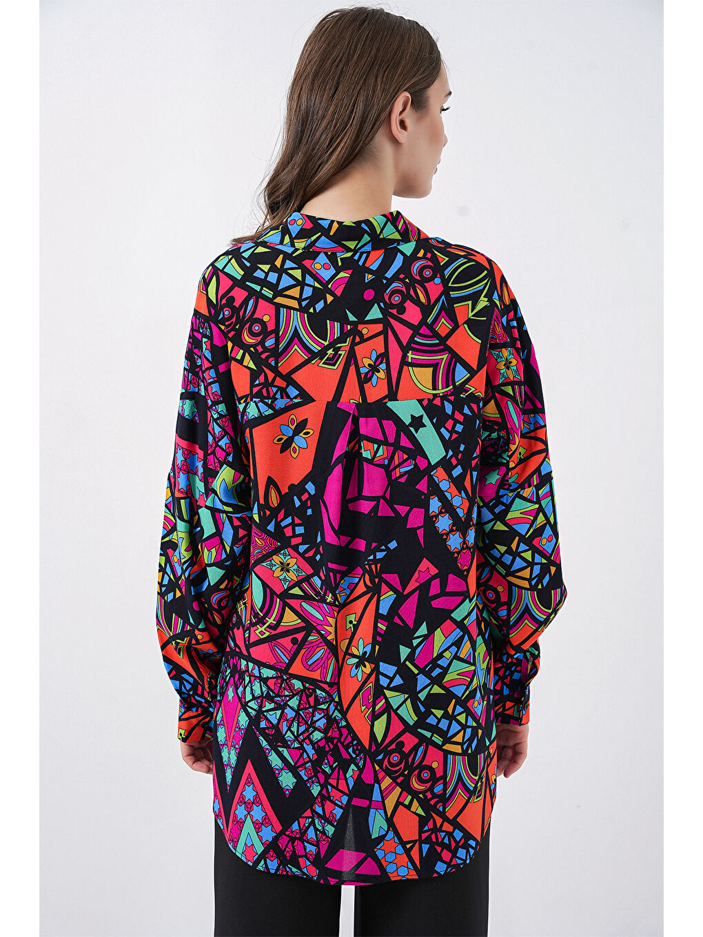 3721 Grafik Desenli Gömlek - Fuşya-6