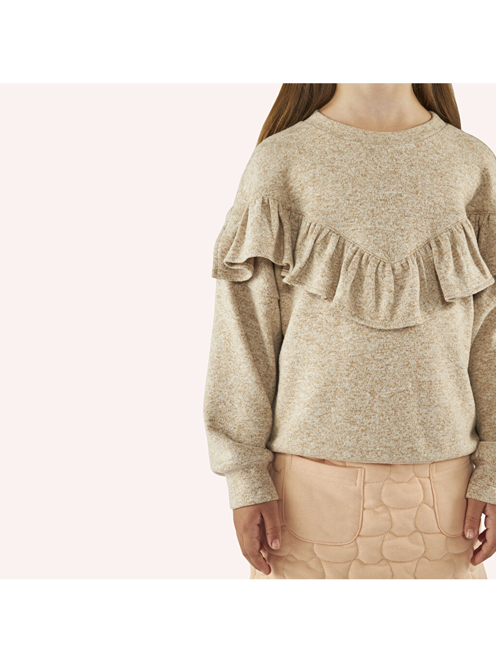 Kız Çocuk Fırfır Detaylı Bej-Melanj Örme Triko-1