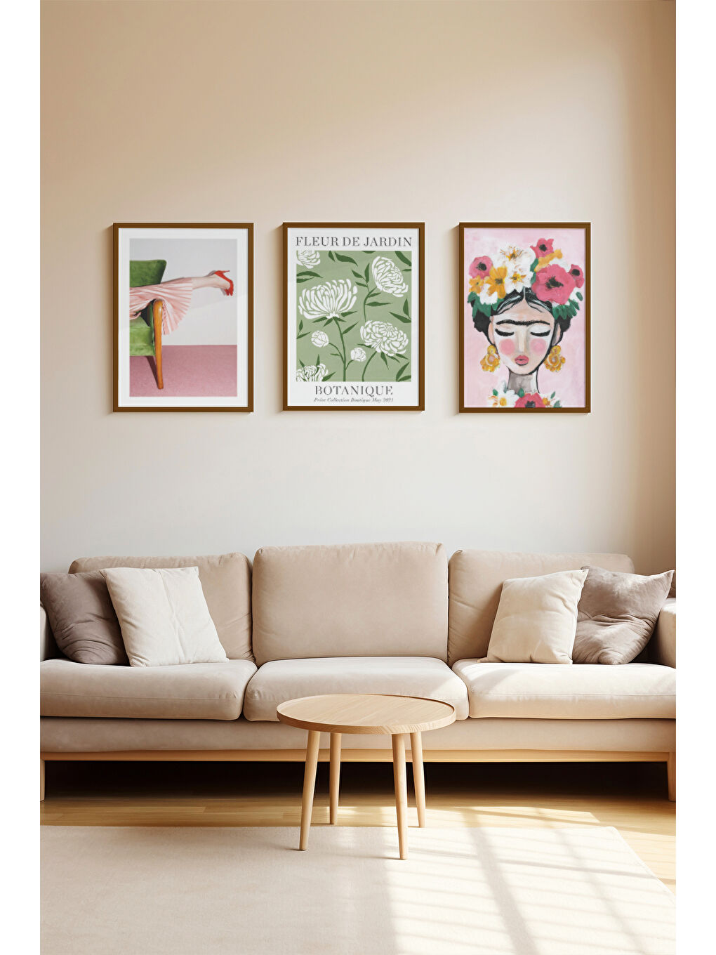 Beyaz 3 Parça Kahverengi Gerçek Ahşap Çerçeveli Tablo Seti - Model 7 - ERSY3KHVCRV7-2030