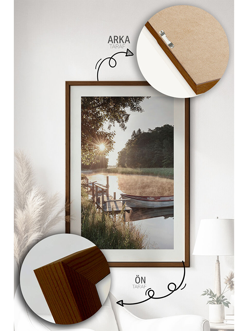 Beyaz 3 Parça Kahverengi Gerçek Ahşap Çerçeveli Tablo Seti - Model 8 - ERSY3KHVCRV8-2030-4