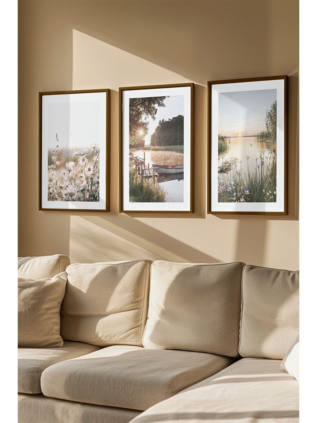 Beyaz 3 Parça Kahverengi Gerçek Ahşap Çerçeveli Tablo Seti - Model 8 - ERSY3KHVCRV8-3348