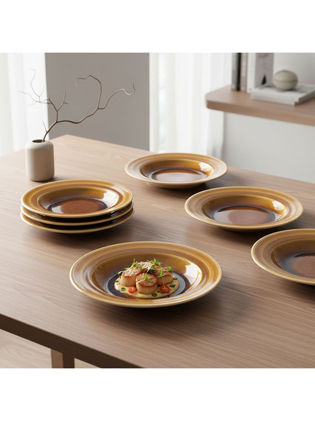 Ekru Valeron 6 Adet 22 Cm Çukur Yemek Tabağı Reaktif Saura 137-1