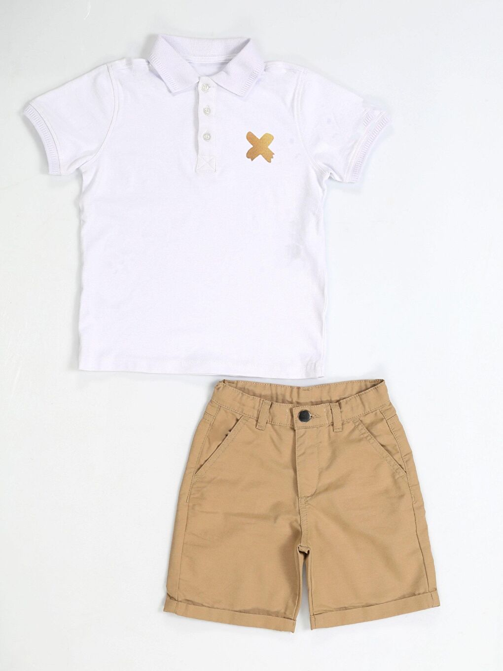 Casa Bej Gabardin Şort + Polo Tshirt Takım-3