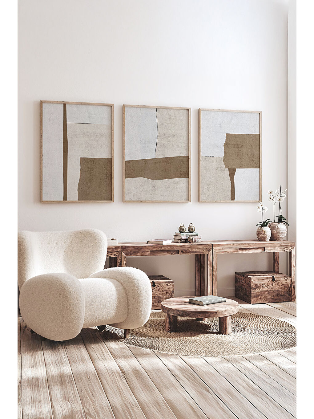 Beyaz Gerçek Ahşap Çerçeveli 3 Parça 3D Poster Tablo Seti - ERSY3SET13 - ERSY3SET13-3348