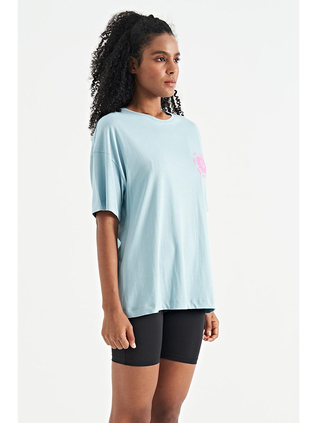 Veryperi Açık Mavi Ön Arka Baskı Detaylı O Yaka Oversize Kadın  T-shirt - 02232 - 3