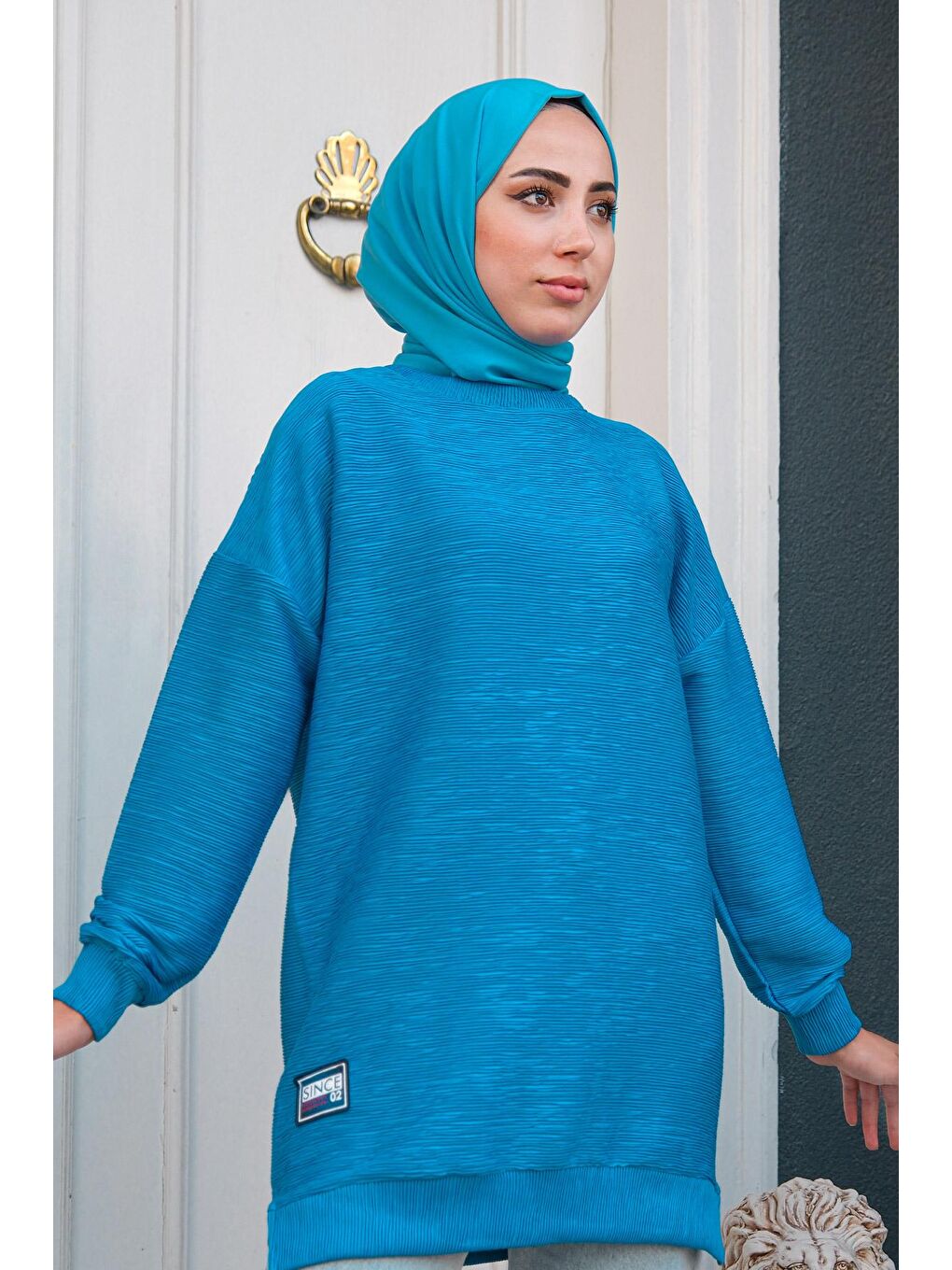 Bürümcük Detay Armalı Tunik Mavi-1