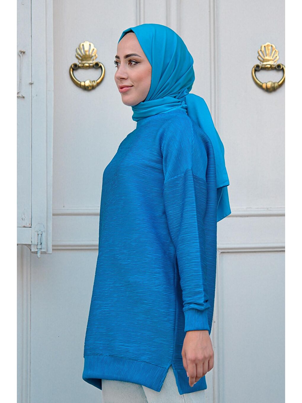 Bürümcük Detay Armalı Tunik Mavi-3