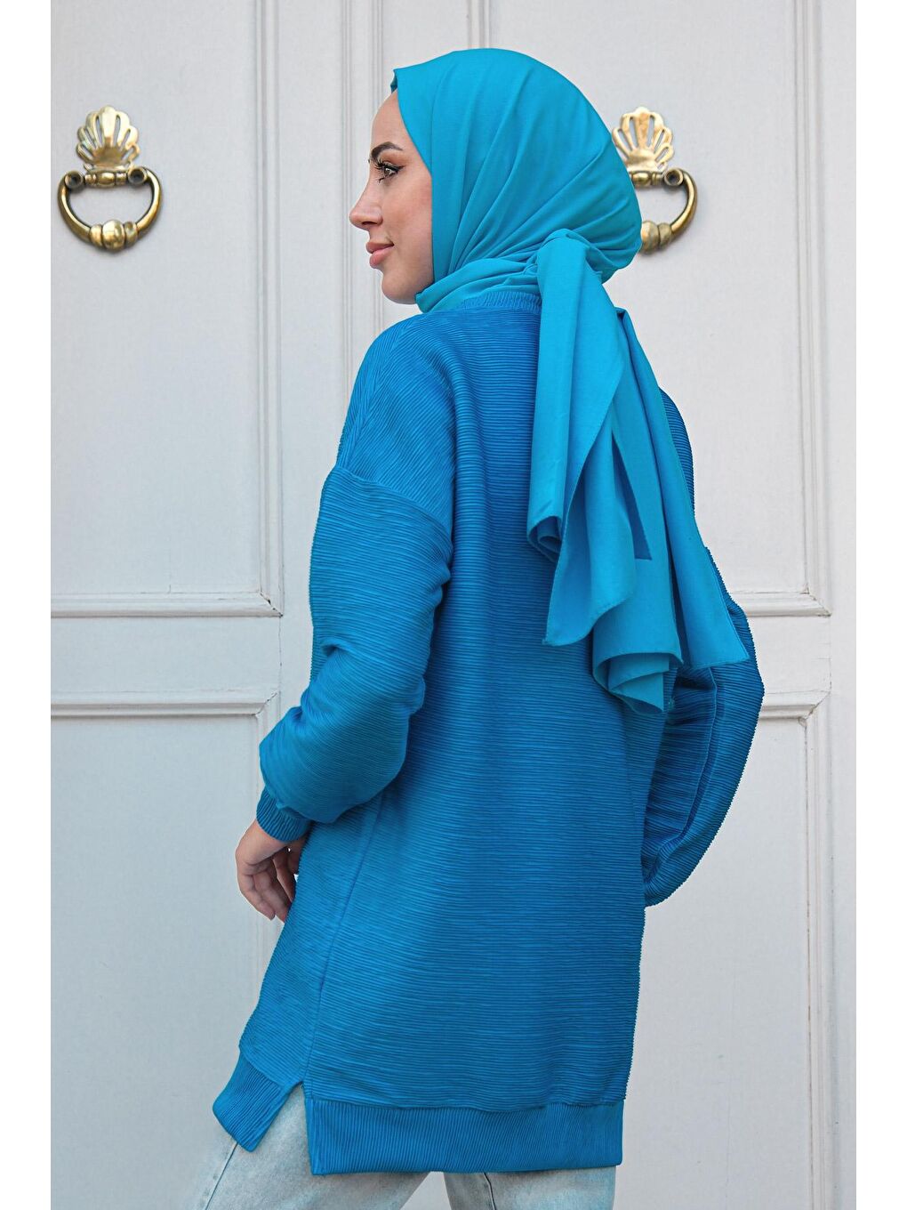 Bürümcük Detay Armalı Tunik Mavi-4