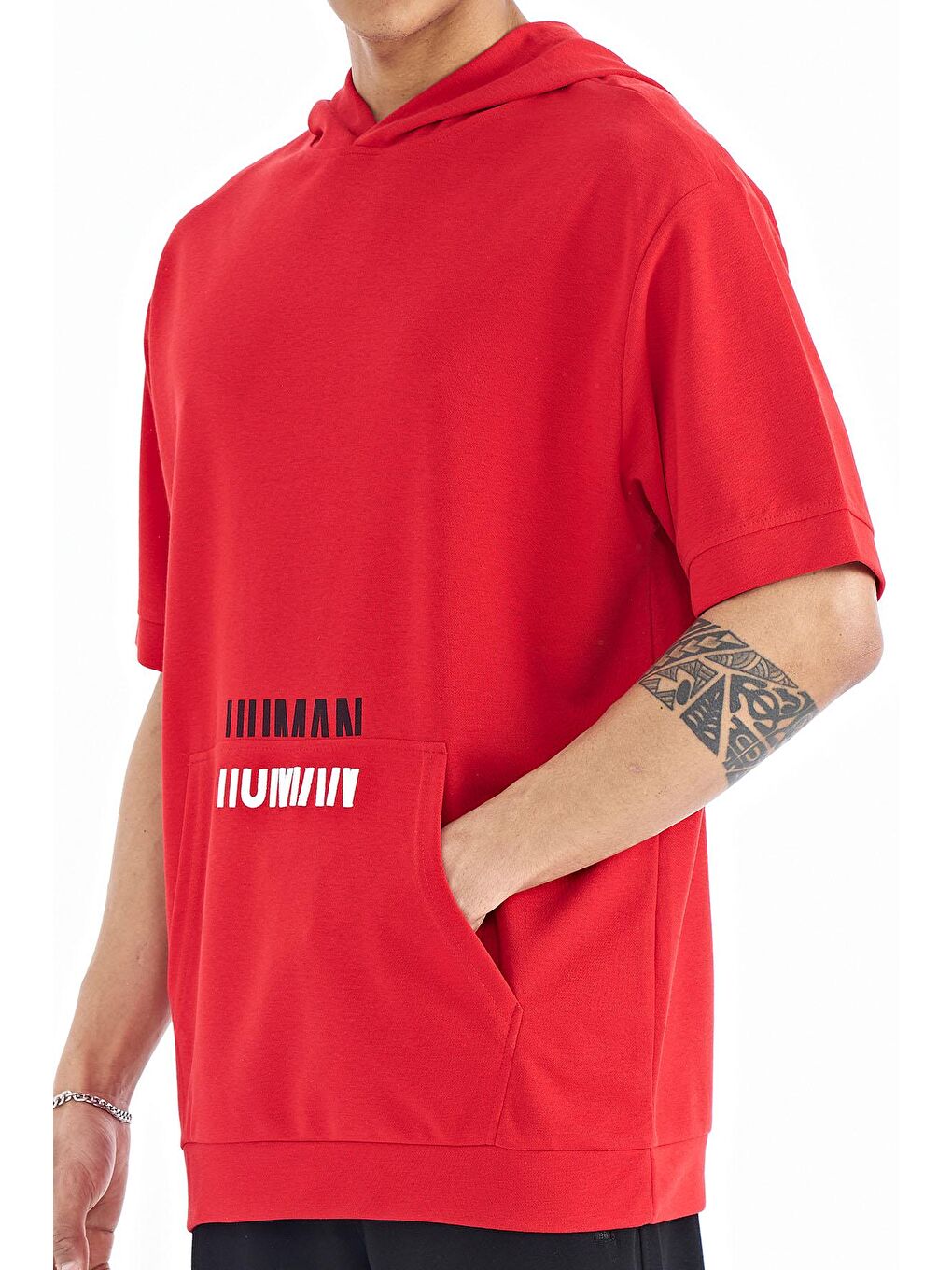 TOMMYLIFE Kırmızı Kanguru Cepli Yazı Nakışlı Kapüşonlu Erkek T-Shirt - 88195 - 2