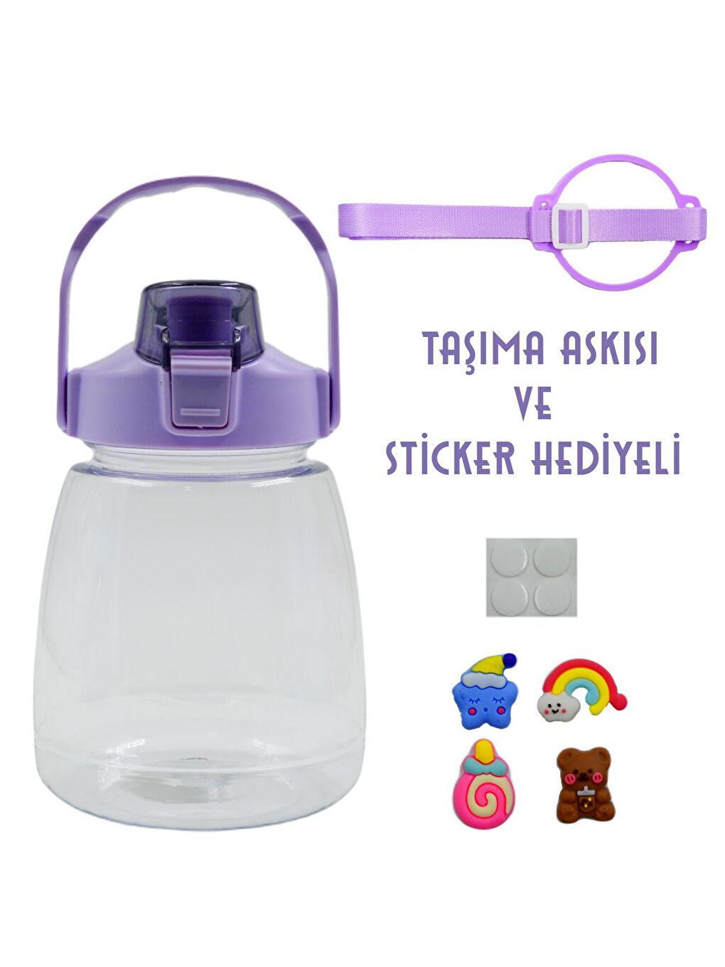 BottleBoss Mor Taşıma Askılı Pipetli Şeffaf Matara 1200 Ml Sticker HEDİYELİ Mor - 1