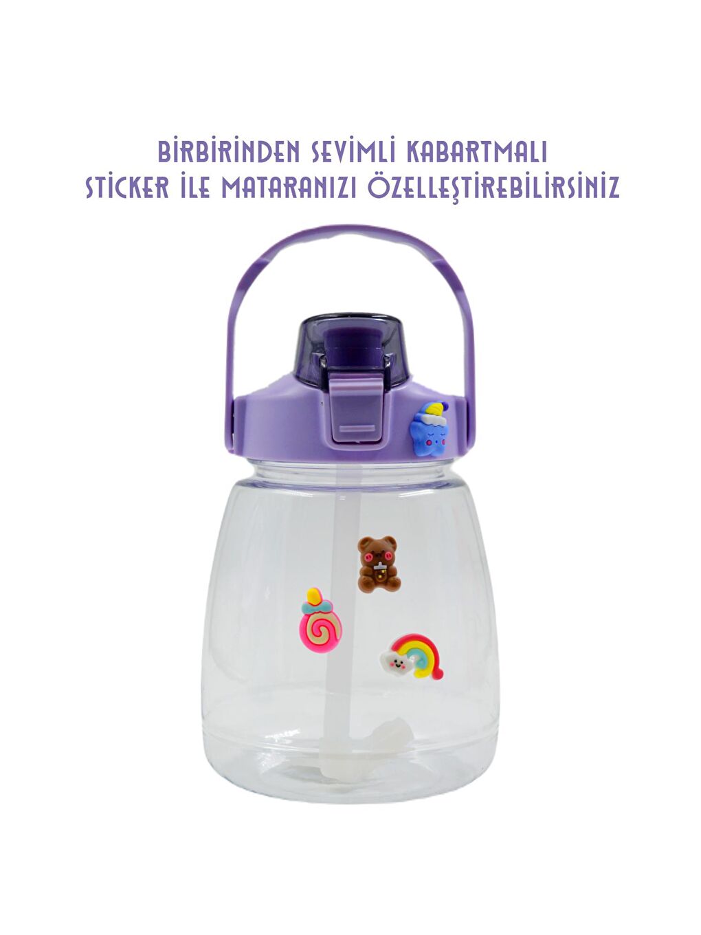 BottleBoss Mor Taşıma Askılı Pipetli Şeffaf Matara 1200 Ml Sticker HEDİYELİ Mor - 4