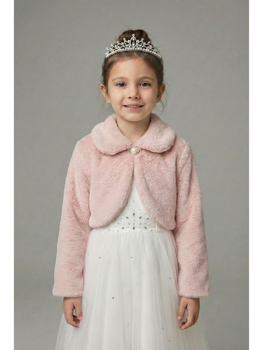Pembe Pelüş Uzun Kol Kız Çocuk Bolerosu M00681