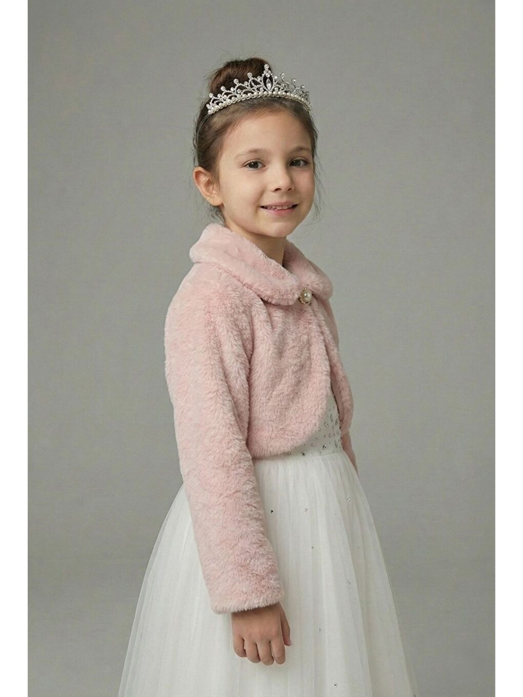 Pembe Pelüş Uzun Kol Kız Çocuk Bolerosu M00681-1