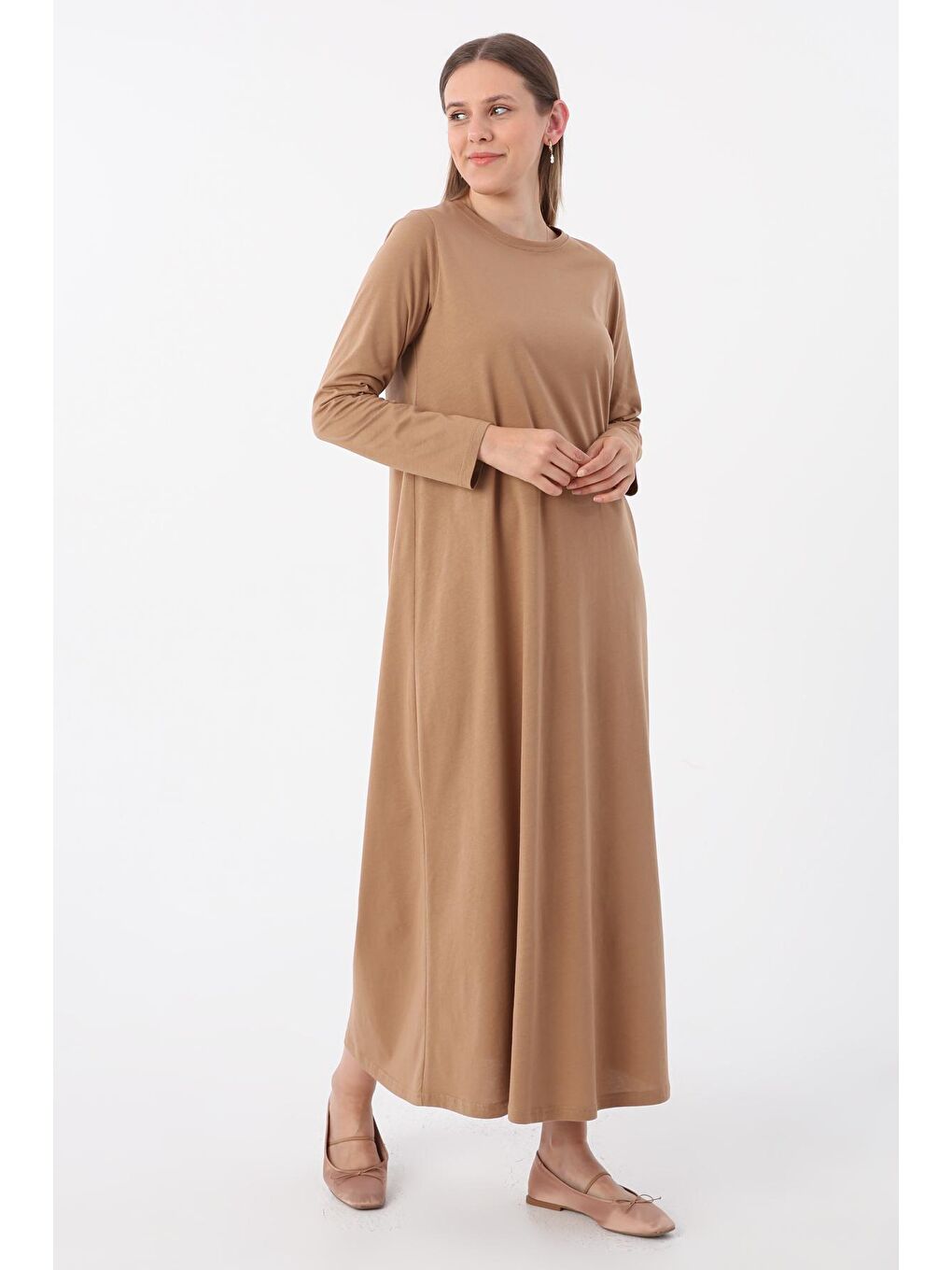 Koyu Bej %100 Pamuk Uzun Kollu Penye İçlik Elbise