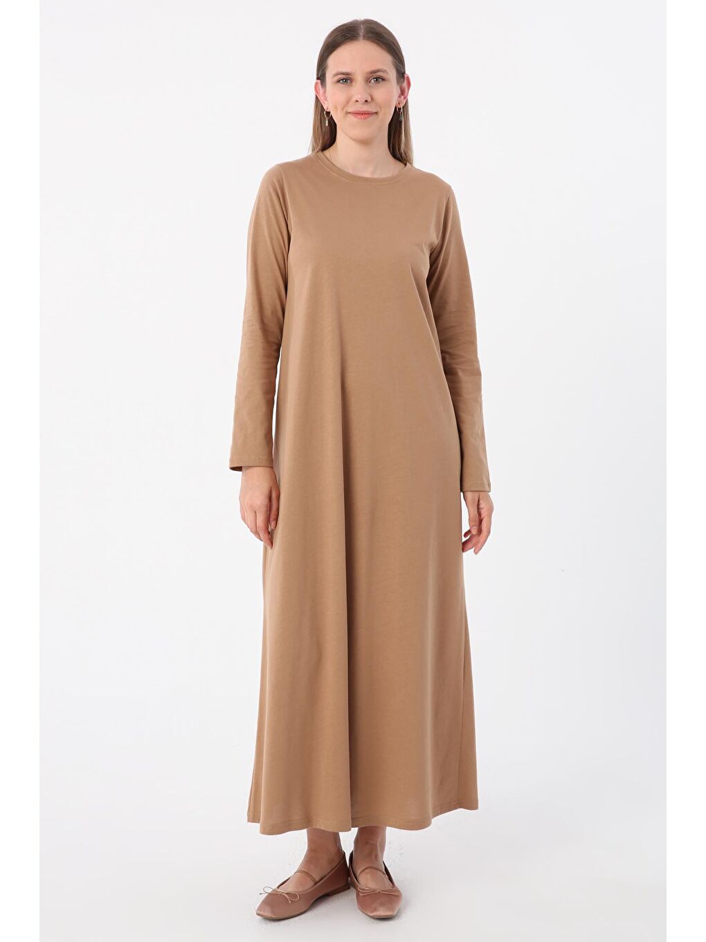 Koyu Bej %100 Pamuk Uzun Kollu Penye İçlik Elbise-1