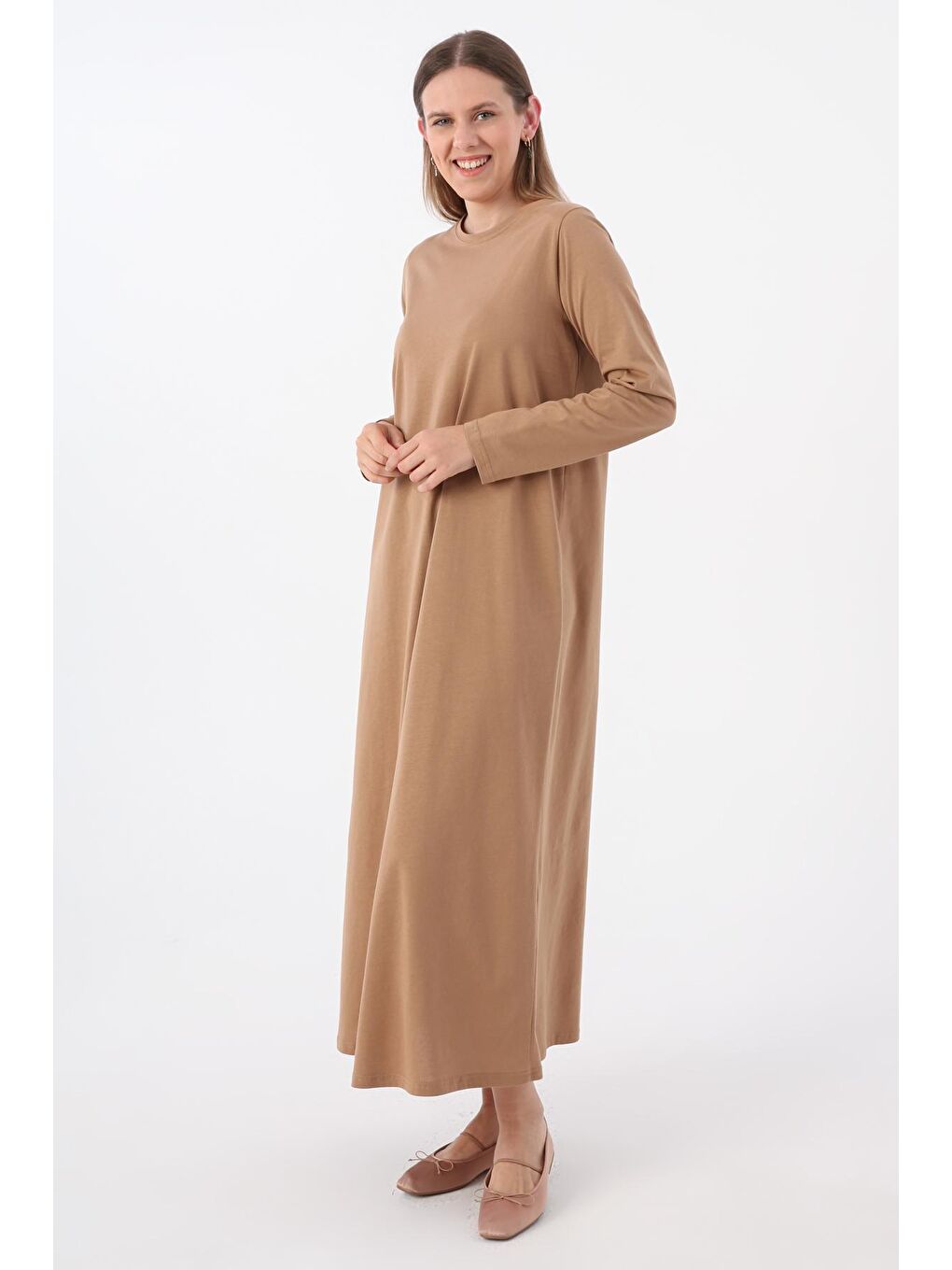 Koyu Bej %100 Pamuk Uzun Kollu Penye İçlik Elbise-2
