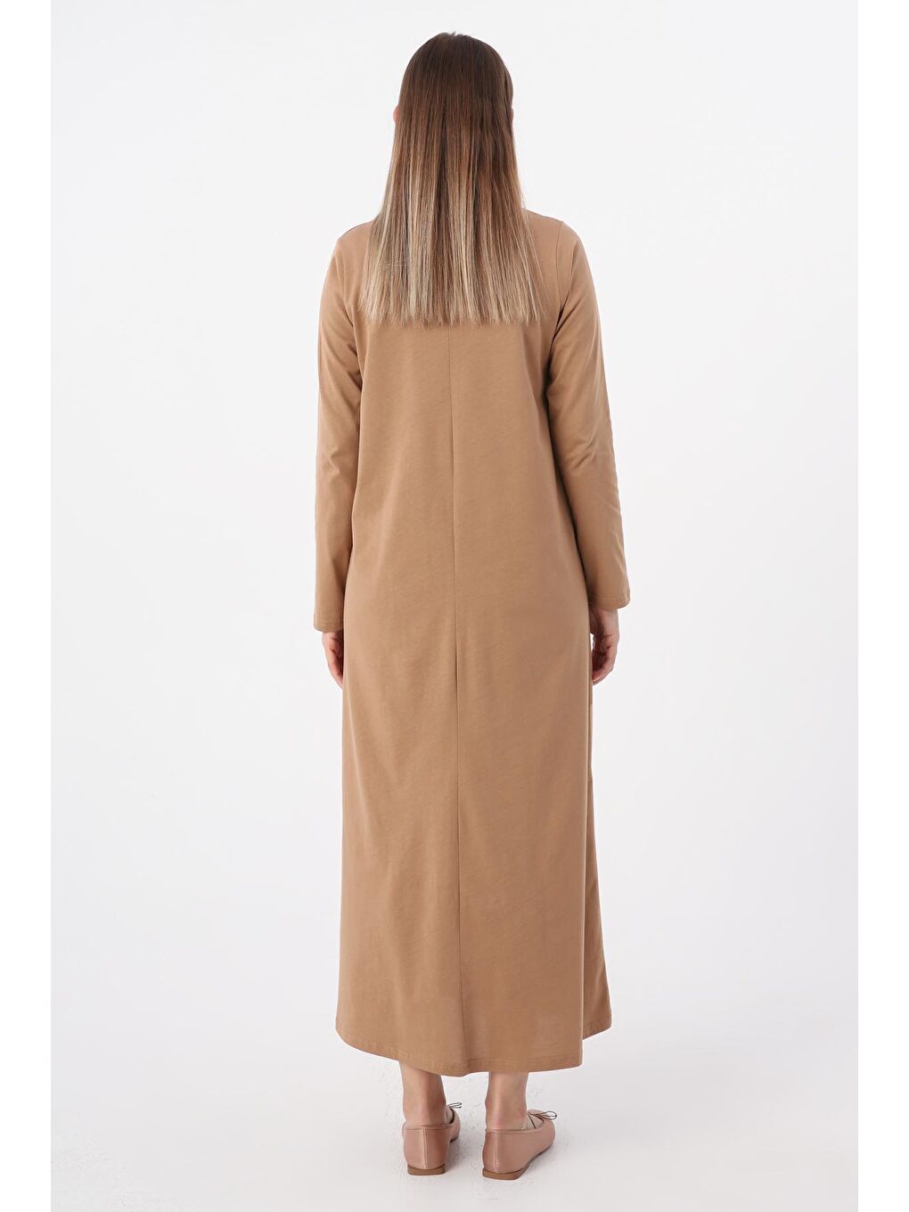 Koyu Bej %100 Pamuk Uzun Kollu Penye İçlik Elbise-3