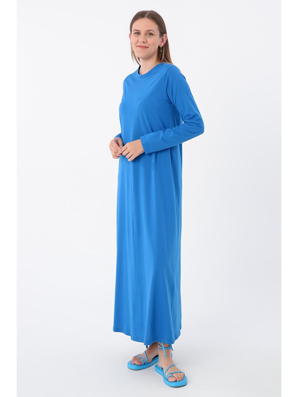 Mavi %100 Pamuk Uzun Kollu Penye İçlik Elbise-1