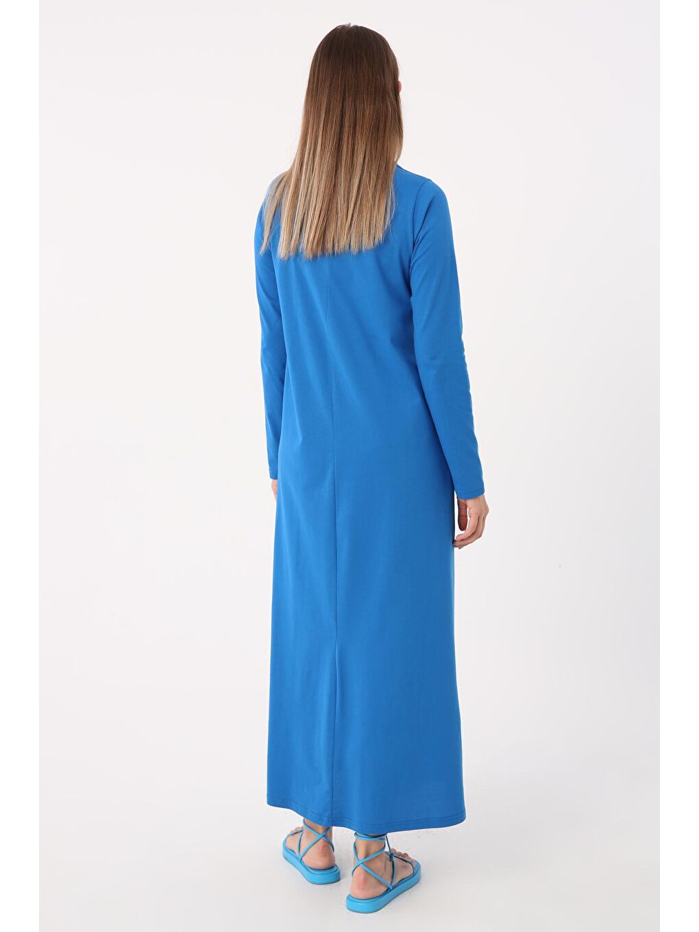 Mavi %100 Pamuk Uzun Kollu Penye İçlik Elbise-2