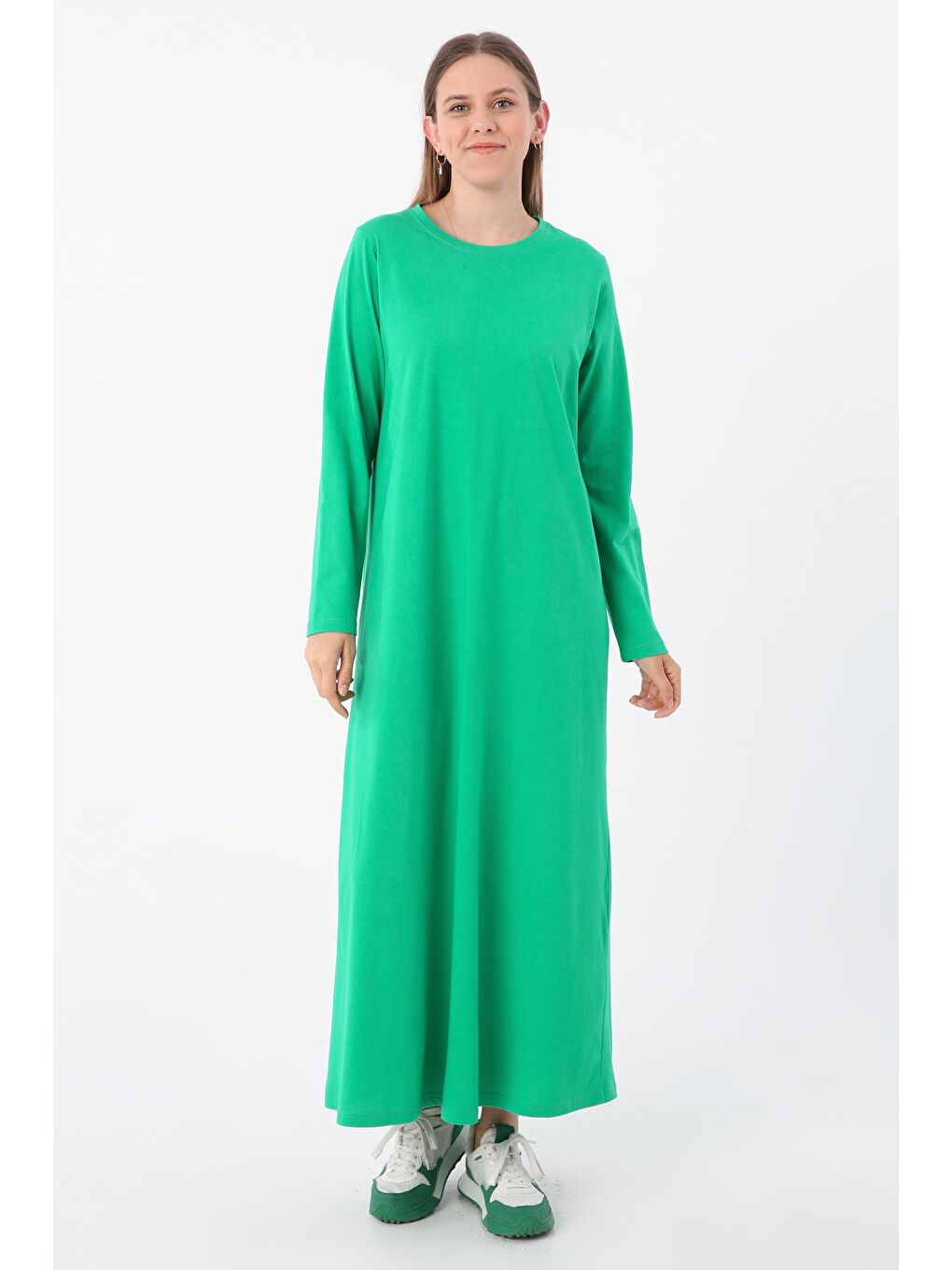 Yeşil %100 Pamuk Uzun Kollu Penye İçlik Elbise-1