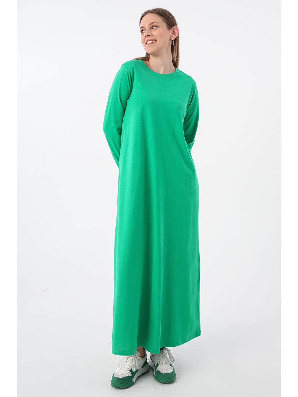 Yeşil %100 Pamuk Uzun Kollu Penye İçlik Elbise-2