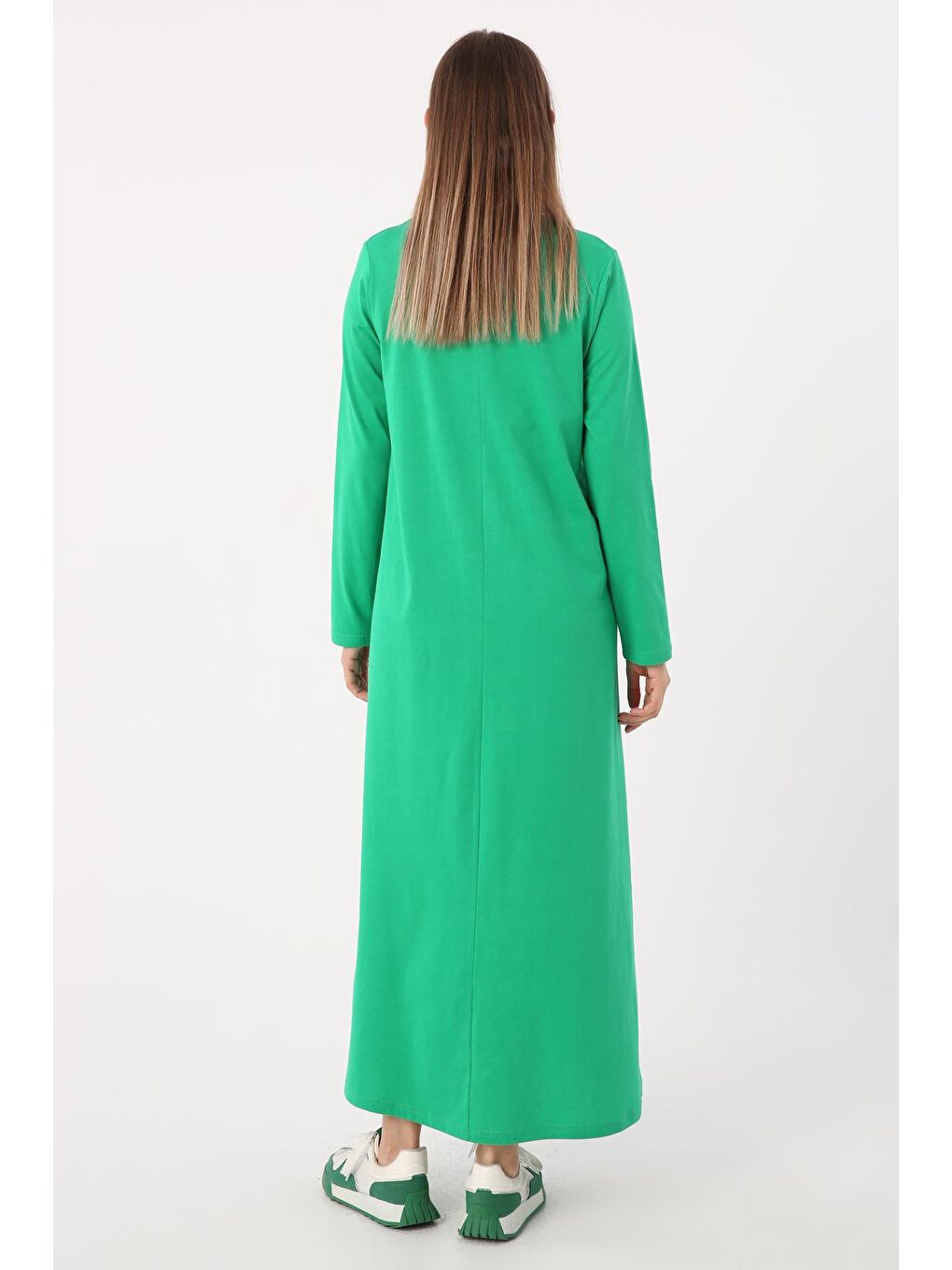 Yeşil %100 Pamuk Uzun Kollu Penye İçlik Elbise-3