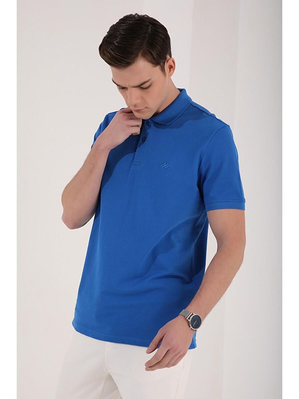 TOMMYLIFE Mavi Saks Basic Logolu Standart Kalıp Triko Polo Yaka Erkek T-Shirt - 87748