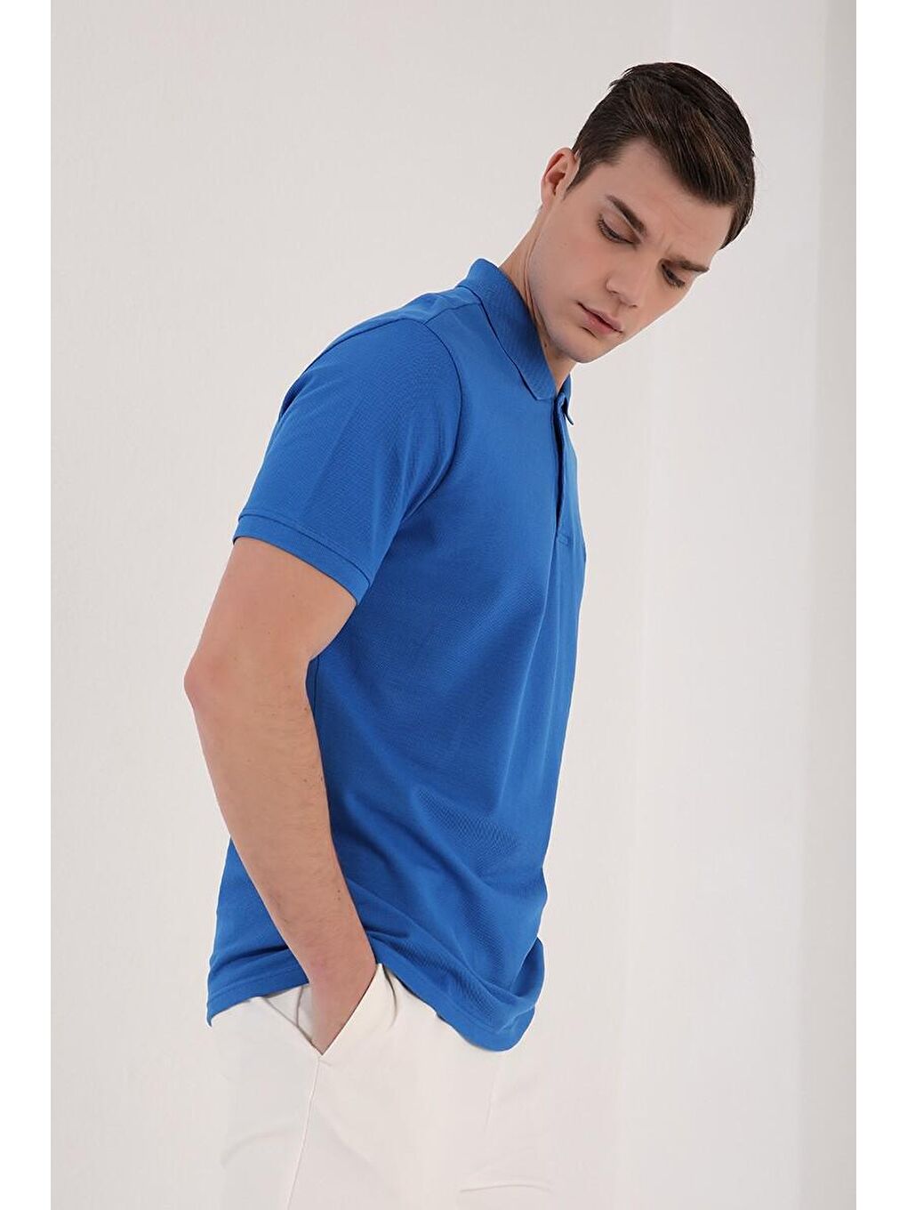 TOMMYLIFE Mavi Saks Basic Logolu Standart Kalıp Triko Polo Yaka Erkek T-Shirt - 87748 - 2