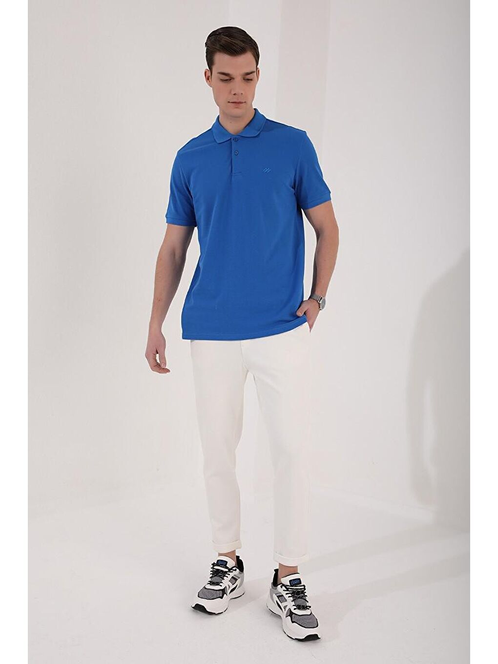 TOMMYLIFE Mavi Saks Basic Logolu Standart Kalıp Triko Polo Yaka Erkek T-Shirt - 87748 - 4