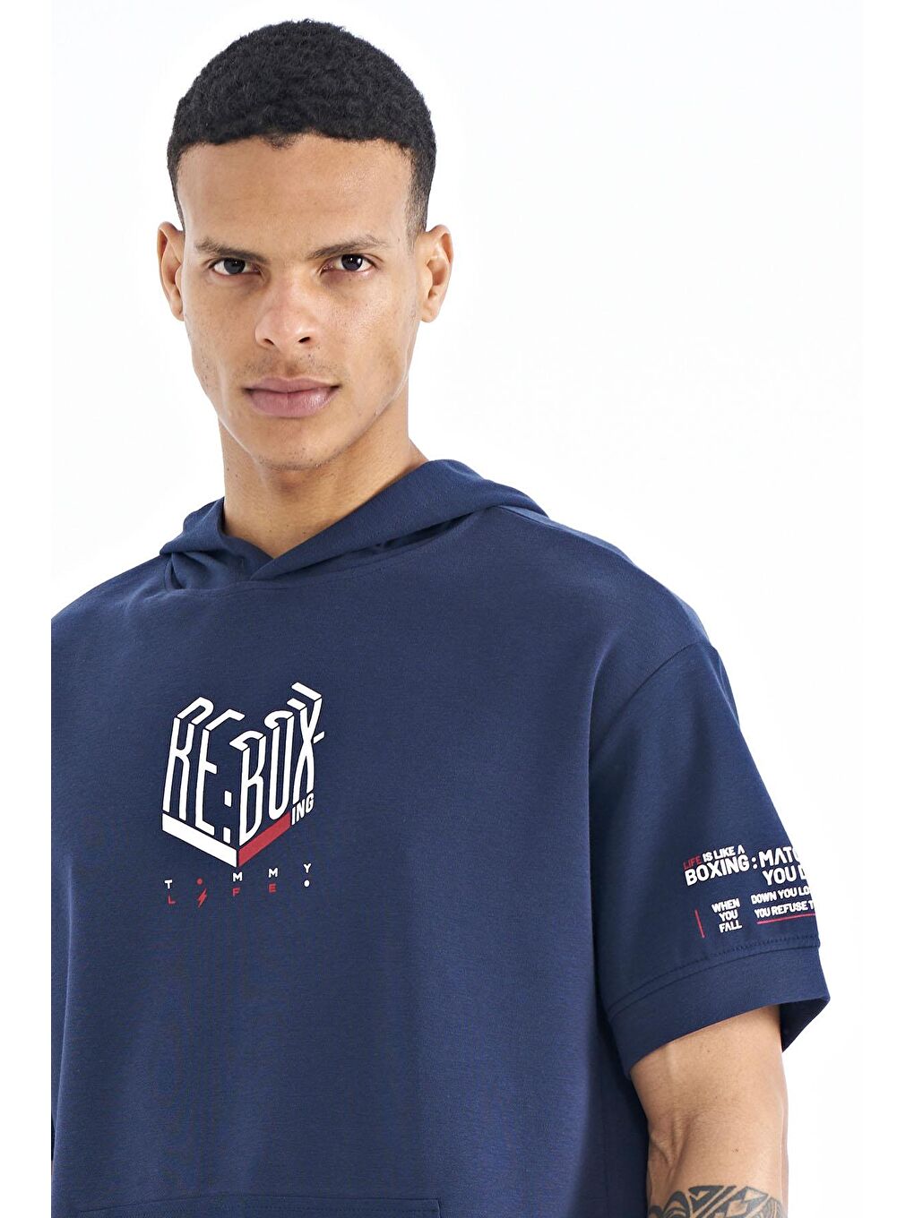 İndigo Kol ve Ön Baskılı Kapüşonlu Oversize Erkek Tişört - 88194-2