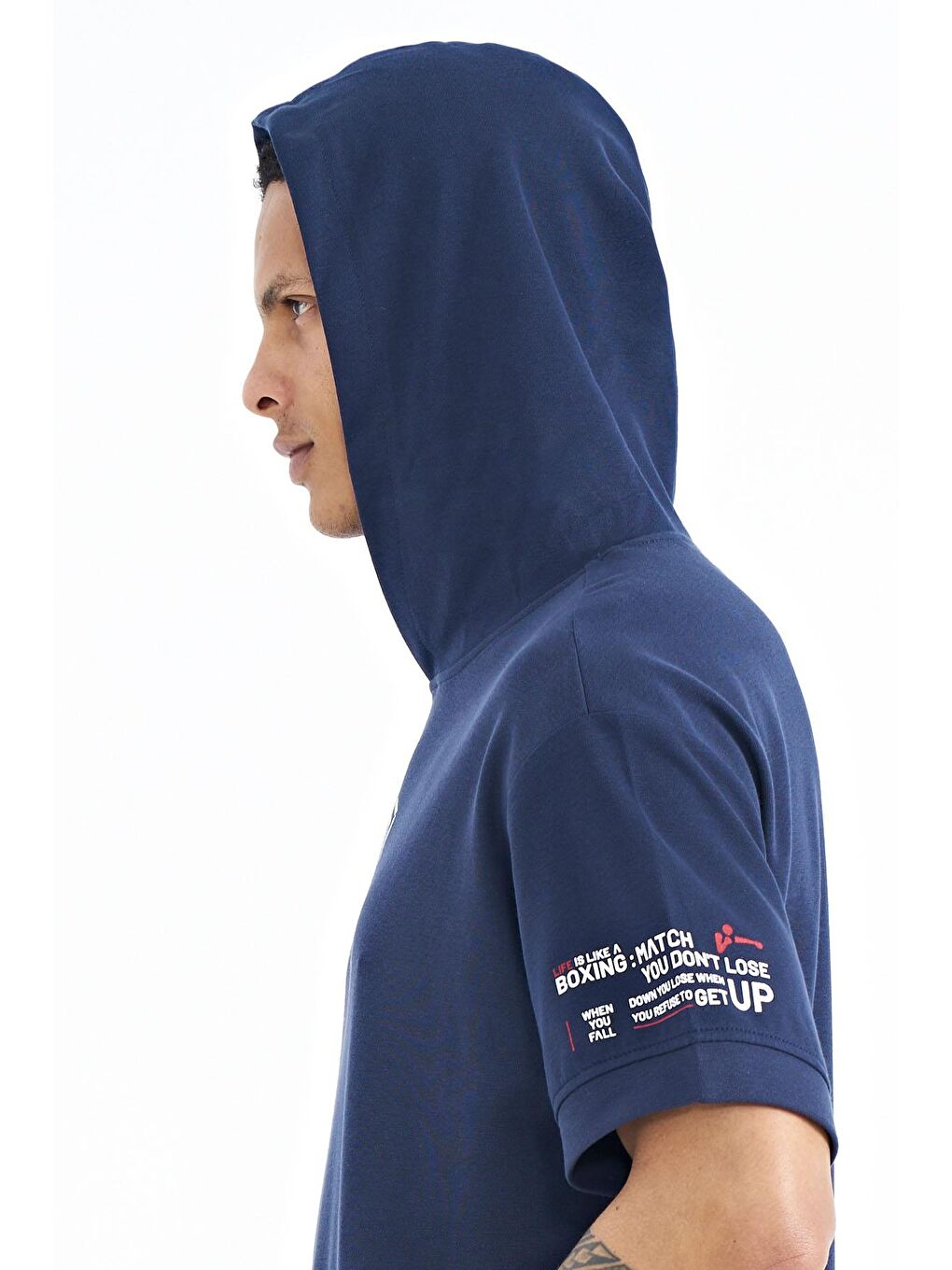 İndigo Kol ve Ön Baskılı Kapüşonlu Oversize Erkek Tişört - 88194-3