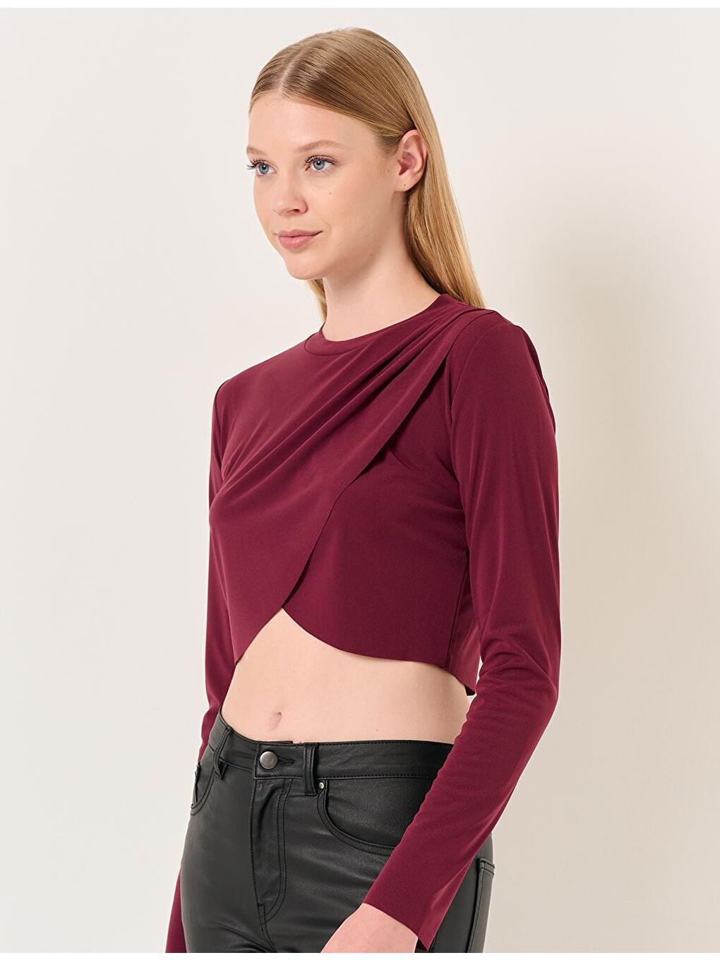 Bordo Bisiklet Yaka Uzun Kollu Crop Bluz