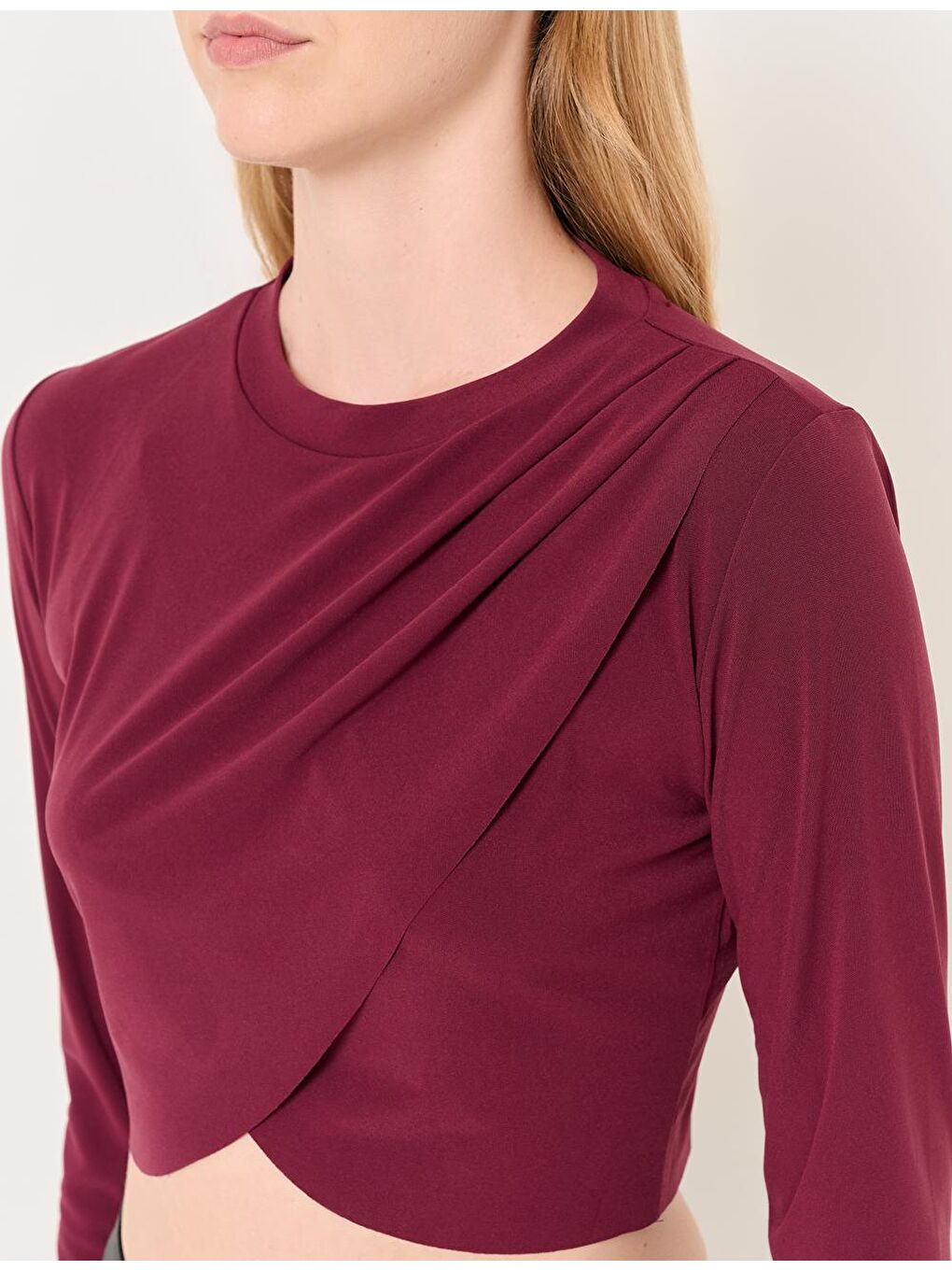 Bordo Bisiklet Yaka Uzun Kollu Crop Bluz-1