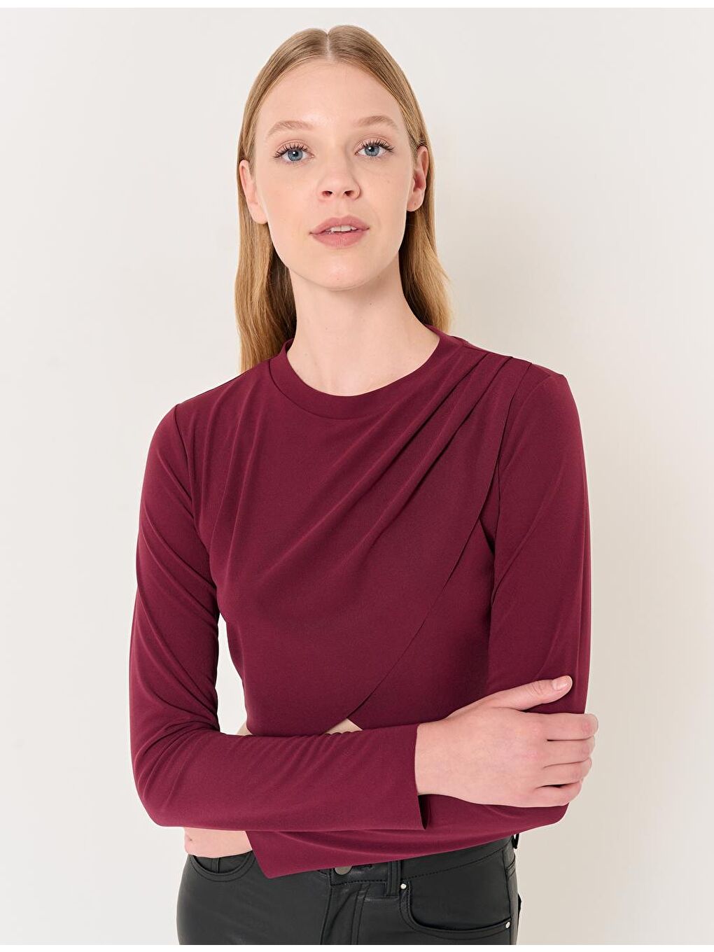 Bordo Bisiklet Yaka Uzun Kollu Crop Bluz-2