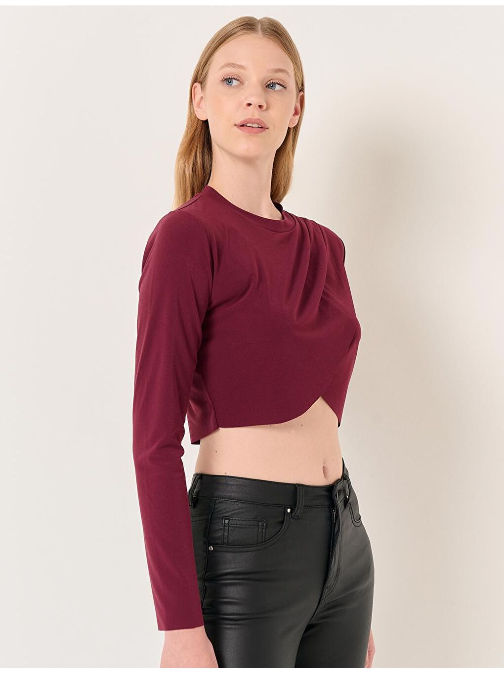 Bordo Bisiklet Yaka Uzun Kollu Crop Bluz-3
