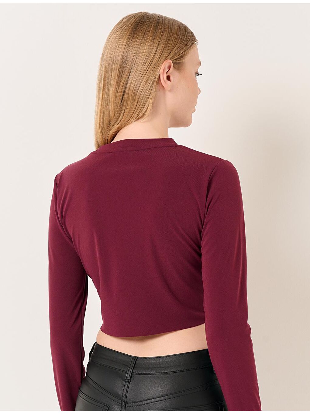 Bordo Bisiklet Yaka Uzun Kollu Crop Bluz-4