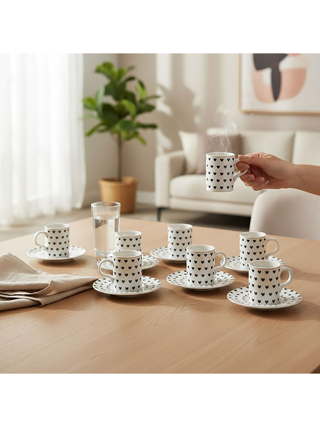 Ekru Camelia 12 Parça 6 Kişilik Kalpli Kahve Fincan Takımı 6656-1