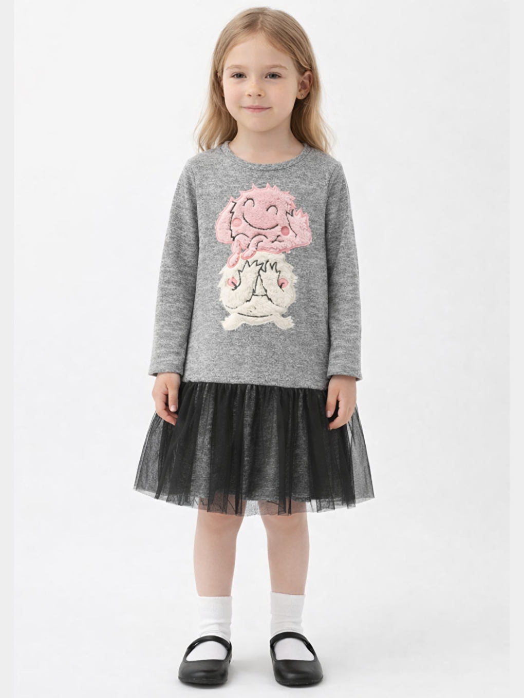 Gri Yumoş Detaylı Kız Çocuk Elbise