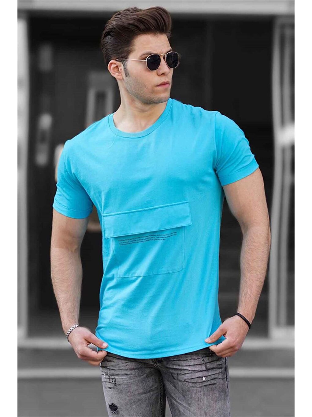 Kanguru Cep Erkek Mavi Tişört 4621