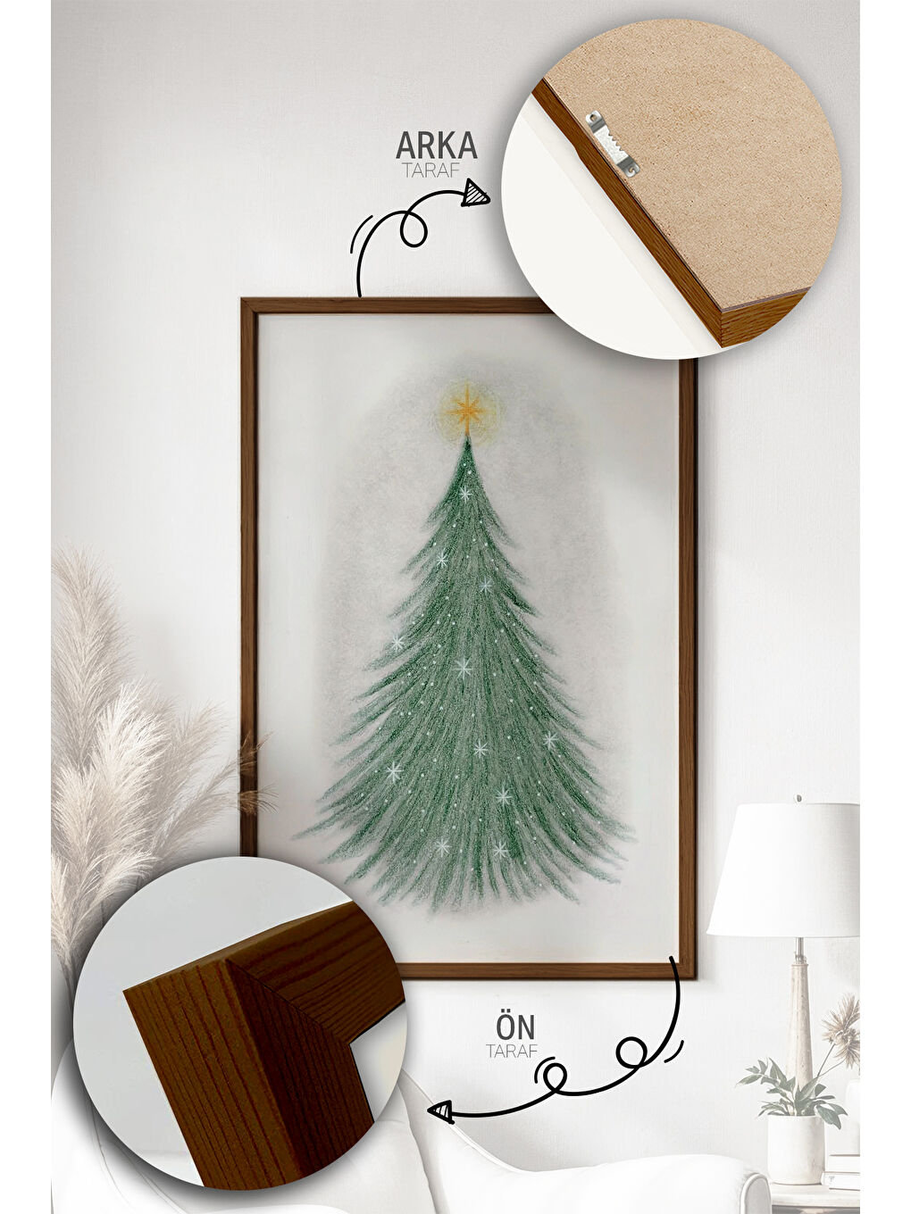 Beyaz Tek Parça Kahverengi Gerçek Ahşap Çerçeveli Tablo Seti - Model 14 - ERSYKHVCRV14-3348-2