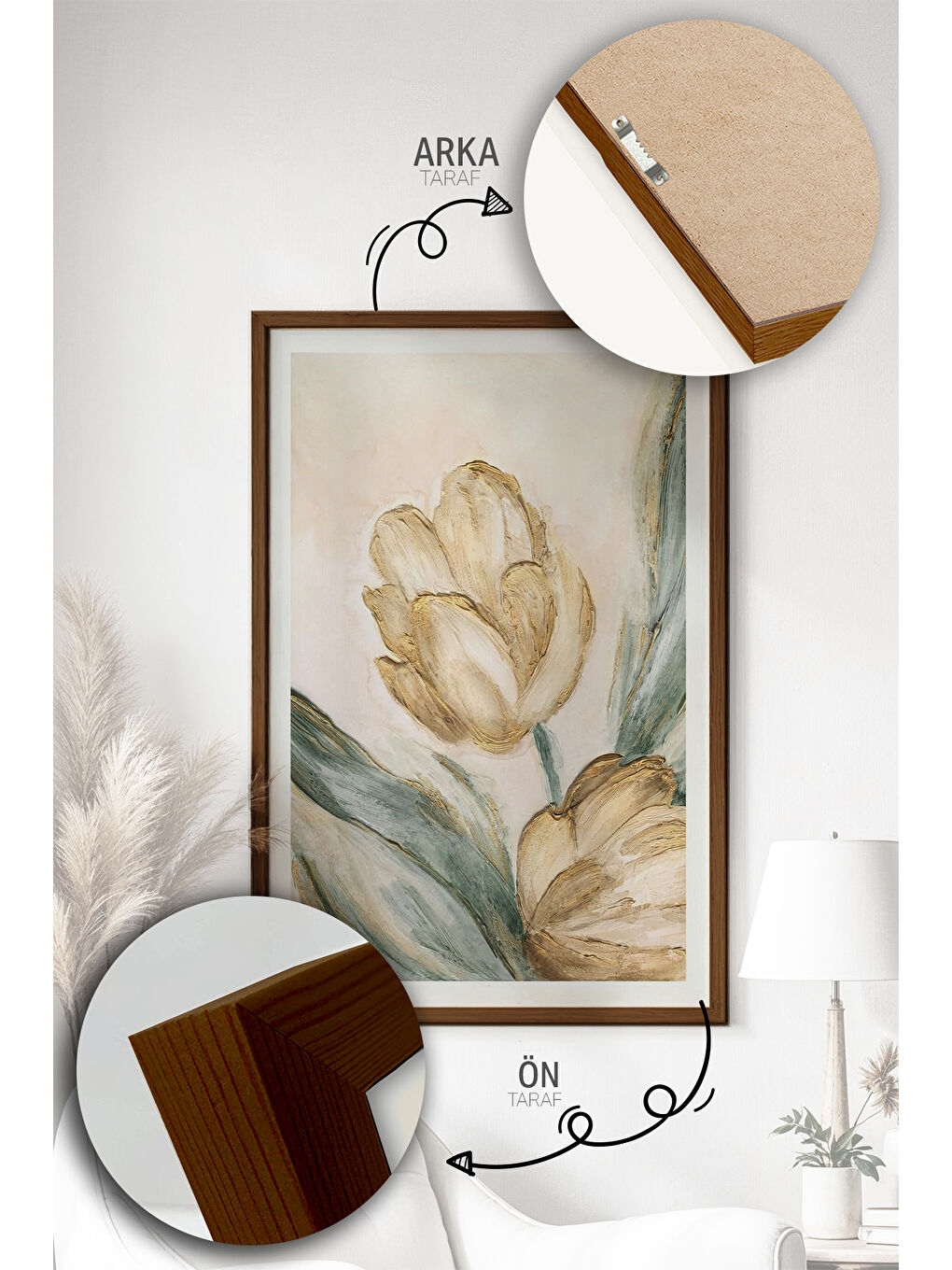 Beyaz Tek Parça Kahverengi Gerçek Ahşap Çerçeveli Tablo Seti - Model 24 - ERSYKHVCRV24-2030-2