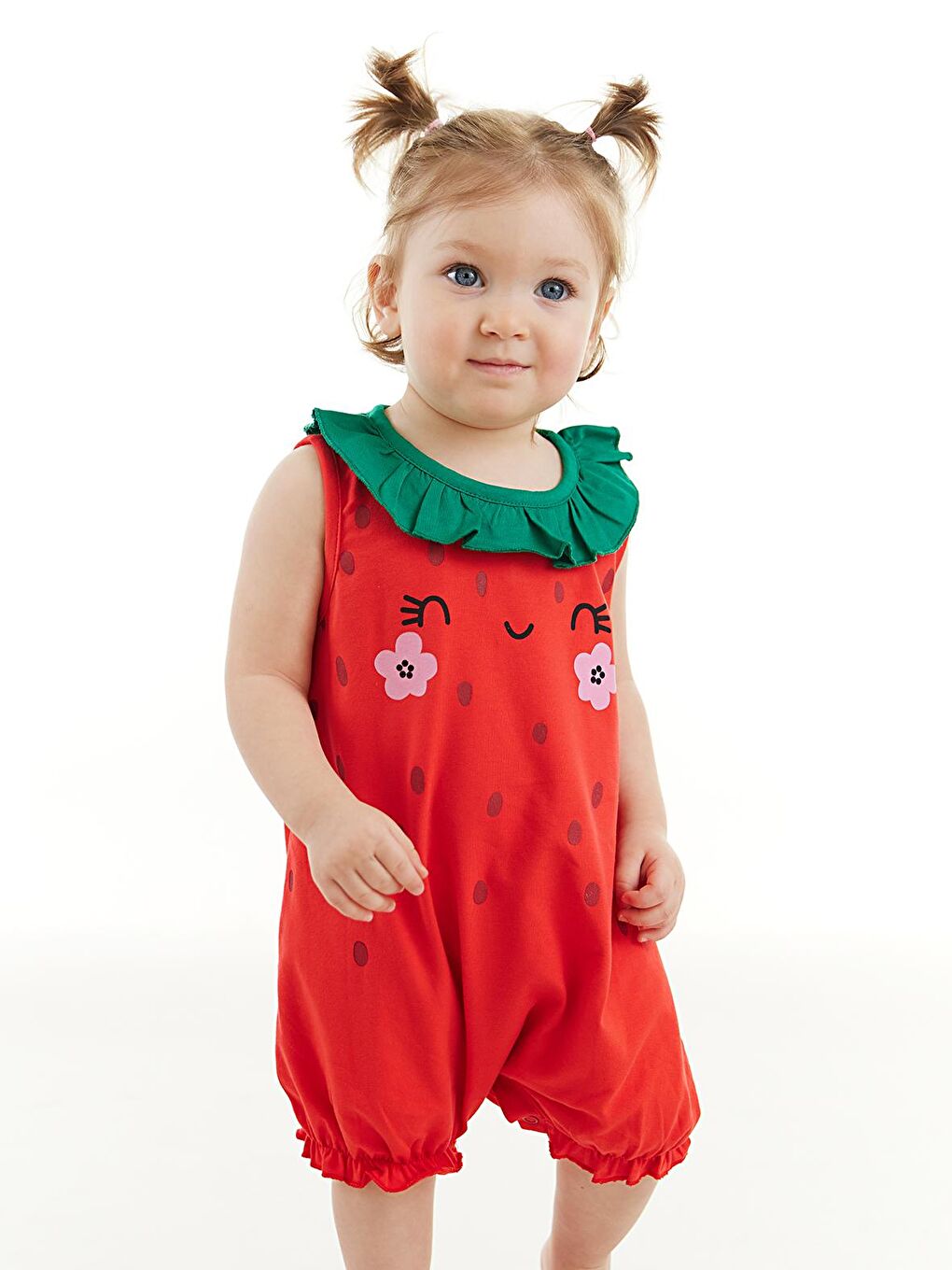 Denokids Kirmizi Tatlı Çilek Kız Bebek Pamuklu Yazlık Tulum