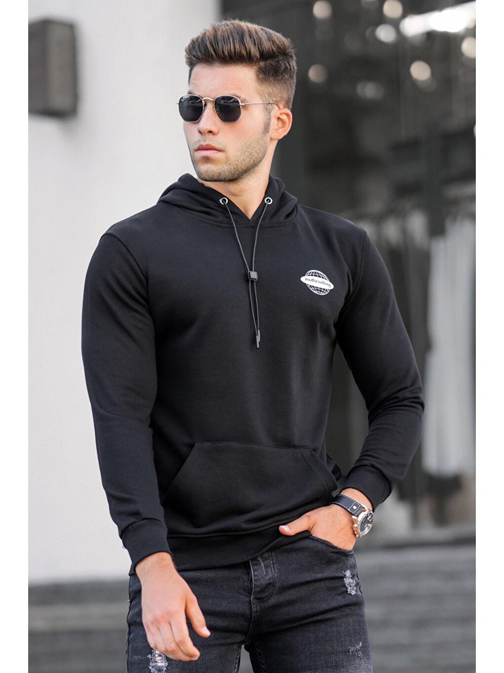 Siyah Baskılı Erkek Kapüşonlu Sweatshirt 5297