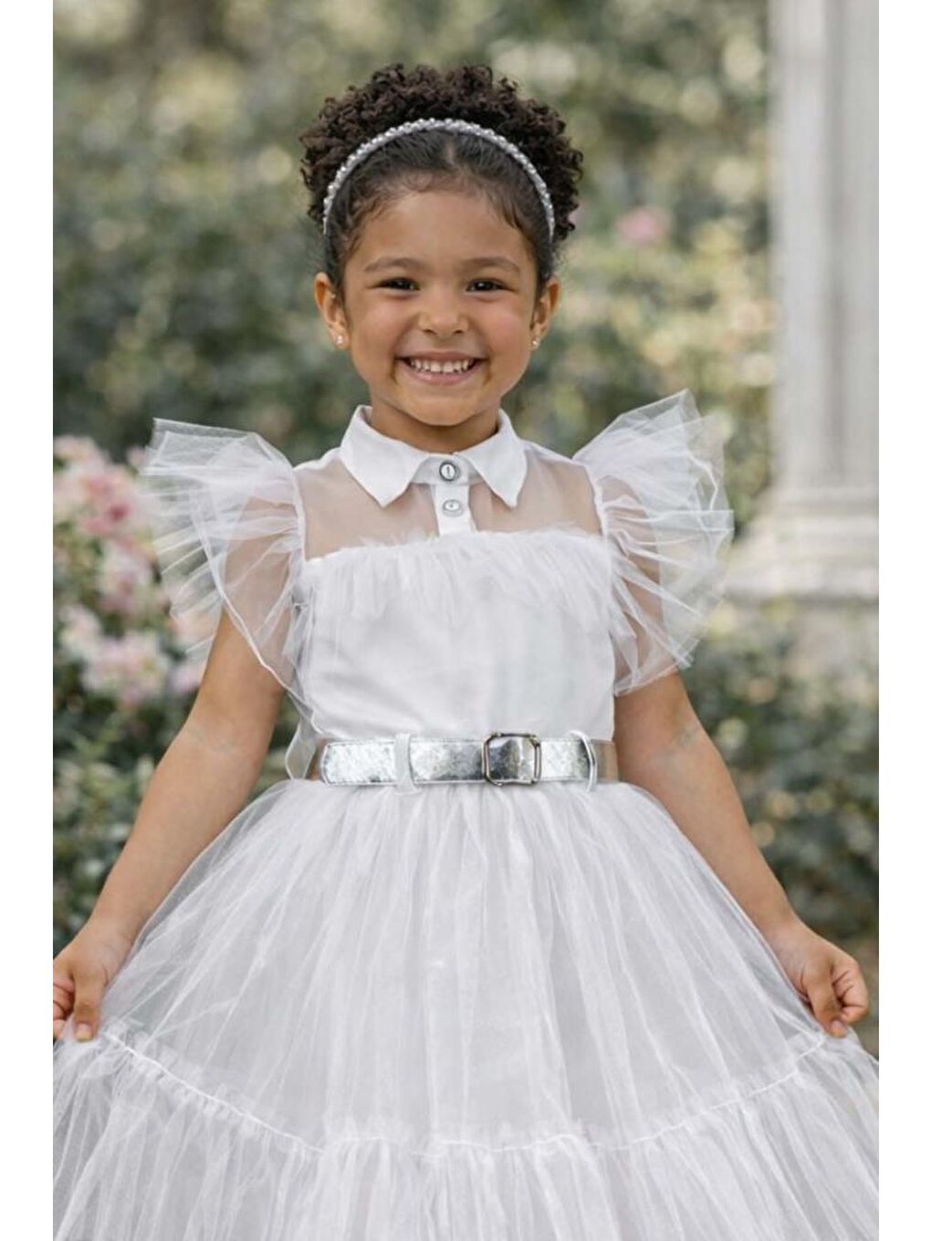 Kız Çocuk Gömlek Yaka Göğsü Ve Kolları Tül Detaylı Wednesday Beyaz Elbise-1