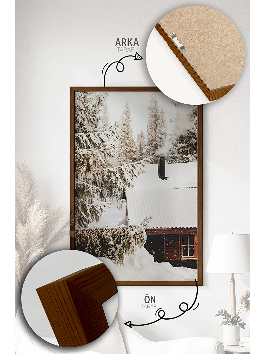 Beyaz Tek Parça Kahverengi Gerçek Ahşap Çerçeveli Tablo Seti - Model 30 - ERSYKHVCRV30-3348-2