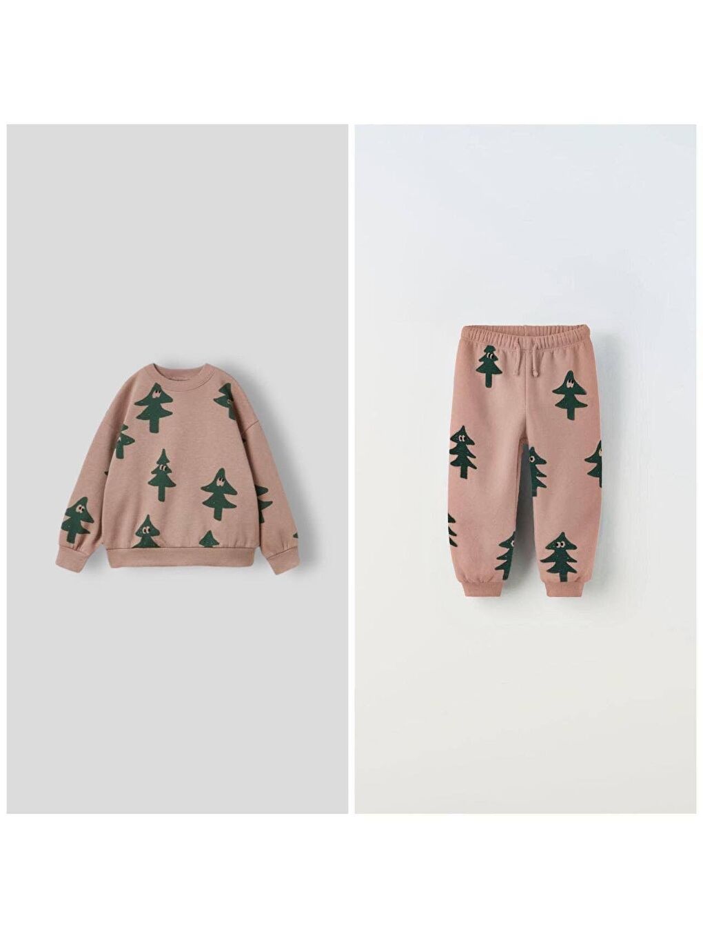 Kahverengi Unisex Çocuk Pamuklu Bej Ağaç Desenli Sweatshirt Ve Eşofman Takım – Rahat Kalıp-3