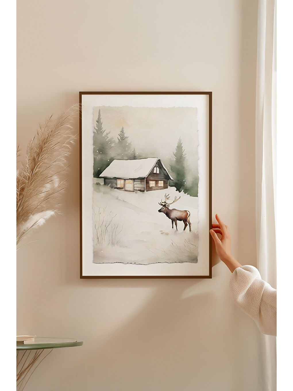 Beyaz Tek Parça Kahverengi Gerçek Ahşap Çerçeveli Tablo Seti - Model 35 - ERSYKHVCRV35-3348