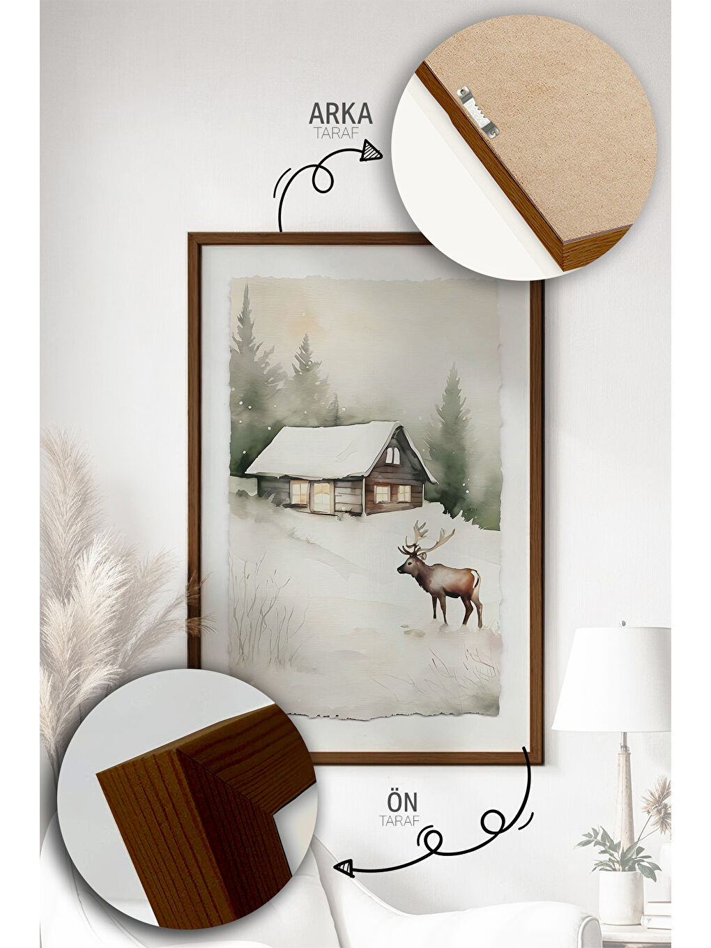 Beyaz Tek Parça Kahverengi Gerçek Ahşap Çerçeveli Tablo Seti - Model 35 - ERSYKHVCRV35-3348-2
